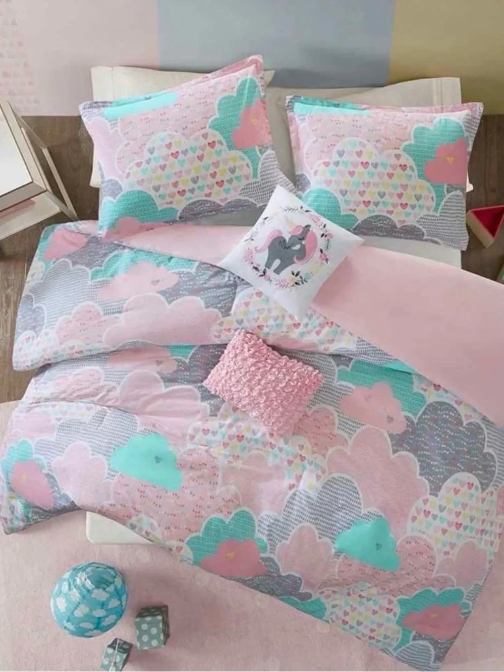 Pastel Cloud Print Duvet Cover Set - Pink & Aqua